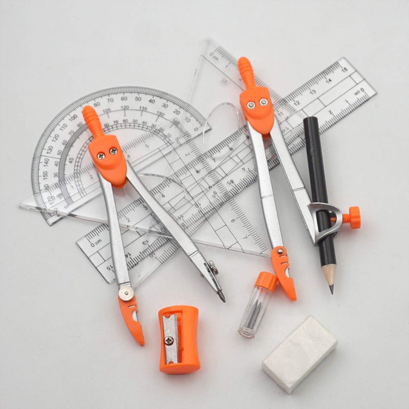 Akuoly Maths Compasses for Geometry Student Drafting Compass Set Starter Kit with Protractor, Set Squares with Case for School Maths Study, Orange - Image 5